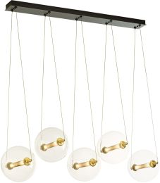 Otto Sphere 5 Light Pendant (Black with Brass Accents & Clear Glass with Stainless Steel Mesh Tube) 