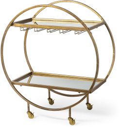Carola Bar Cart (Gold Frame Two-Tier Glass Shelves with Stemware Holder) 