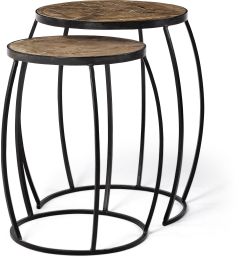Clapp Nesting Accent Tables (III - Set of 2 - Brown Round Wood Top with Black Metal Frame) 