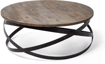 Triumph Coffee Table (Round Brown Solid Wood Top Black Metal Base) 