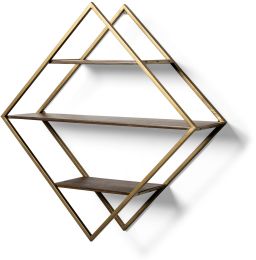 Neil Shelf (Diamond Shape Wall Mounted Brass Frame w Three Wood Wall Shelves) 