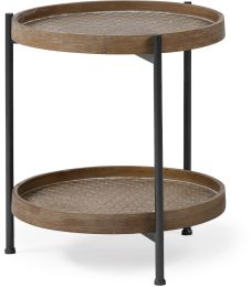Kade End Table (III - Round Top Natural Brown Wood & Grey Metal Frame Tray-Style) 