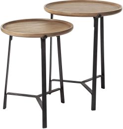 Helios End Tables (III - Set of 2 - Round Brown Solid Wood Iron Base Nesting) 
