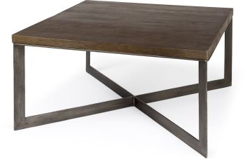 Faye Coffee Table (Medium Brown Wood with Antique Nickel Metal Base Square) 