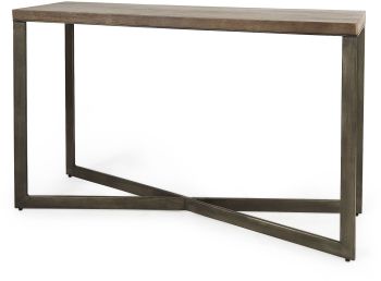 Faye Console Table (Medium Brown Wood with Antique Nickel Metal Base) 