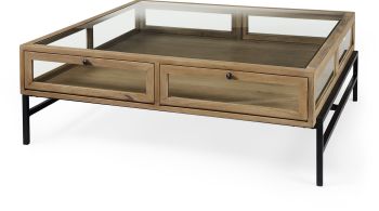 Arelius Coffee Table (Light Brown with Black Metal Base Square Display) 