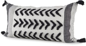 Kimia Decorative Pillow (14x26 - White & Black Fabric Herringbone & Fringed Cover) 