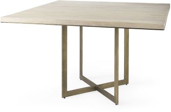 Faye Dining Table (Square - Light Brown Wood with Gold Metal Base) 