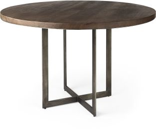 Faye Dining Table (Round - Medium Brown Wood with Antique Nickel Metal Base) 