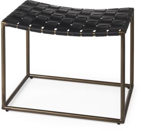Clarissa Bench (Black Leather Woven Seat with Gold Metal Frame Stool) 