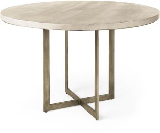 Faye Dining Table (Round - Light Brown Wood with Gold Metal Base) 