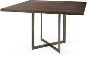 Faye Dining Table (Square - Medium Brown Wood with Antique Nickel Metal Base) 