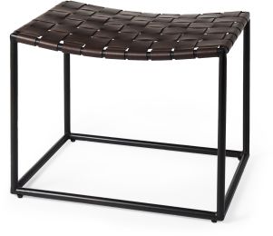 Clarissa Bench (Brown Leather Woven Seat with Black Metal Frame Stool) 