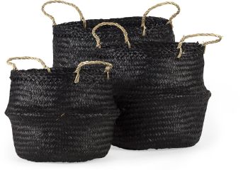 Ella Baskets (Set of 3 - Black Seagrass Basket with Light Brown Handles) 