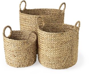 Sivan Basket with Handles (Set of 3 - Light Brown Water Hyacinth Round) 