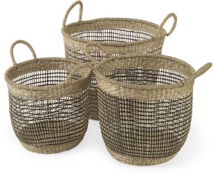 Triopas Baskets (Set of 3 - Medium Brown Seagrass Round Basket with Handles) 