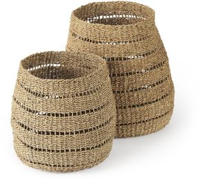Hayes Baskets (Set of 2 - Medium Brown Seagrass Round Basket with Stripe Pattern) 