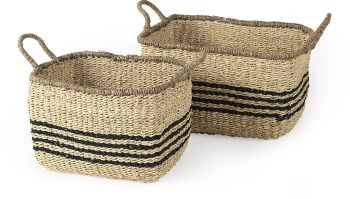 Emma Baskets (Set of 2 - Light Brown Seagrass Rectangular Basket with Black Stripes) 