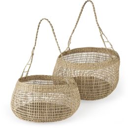 Nova Baskets (Set of 2 - Light Brown Seagrass Woven Round Basket with Long Handle) 