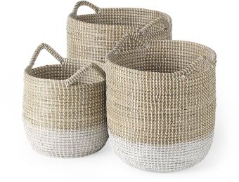Maddie Basket with Handles (Set of 3 - Light Brown with White Dipped Seagrass) 