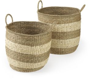 Bradley Basket with Handles (Set of 2 - Light Brown with Striped Seagrass) 