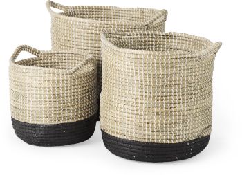Maddie Basket with Handles (Set of 3 - Light Brown with Black Dipped Seagrass) 