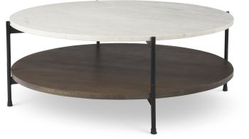 Larkin Coffee Table (Round - White Marble & Dark Brown Wood) 