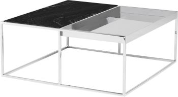 Corbett Coffee Table (Square - Black Wood Vein with Silver Base) 