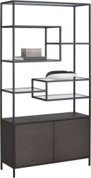 Stamos Bookcase (Grey Wood & Glass with Black Base) 
