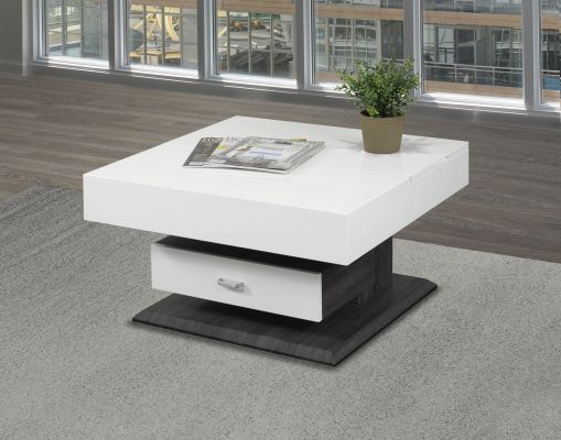 Rotating Coffee Table with Lift Top & Storage Drawer (White & Grey)