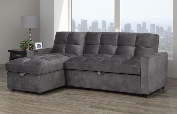 Jayden Sectional with Pull-Out Bed & Storage Chaise (Grey)