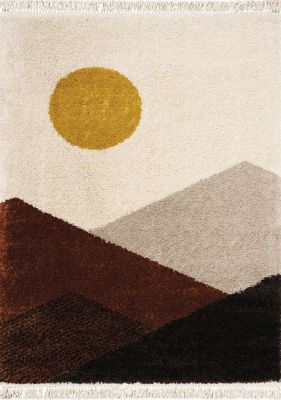 Bora Tapis à Poils Long (6 x 8 - Montagne d'Inspiration Sud-Ouest Brun Crème Orange Taupe Jaune)