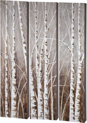 Evening Oil Painting (Dusk Tripych Birch Treescape Original Hand Painted on Wood)
