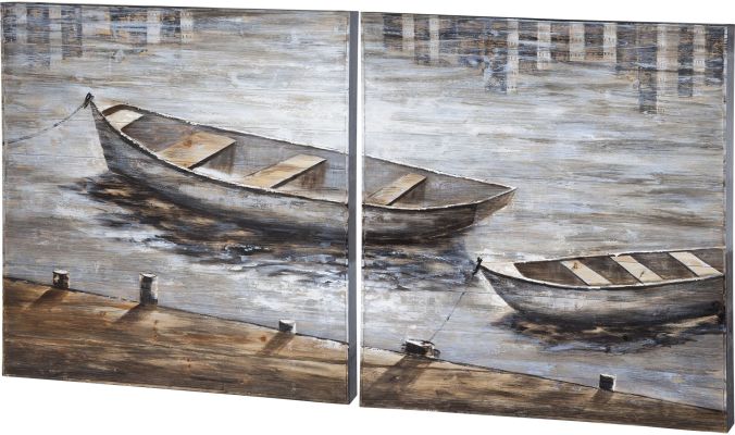 Creekside Oil Painting (Diptych Boats Original Hand Painted on Wood)