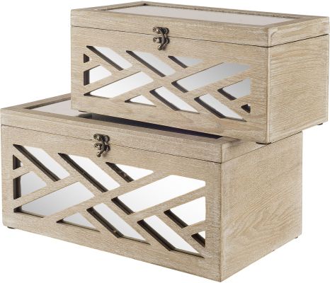 Tiffany Boxes (Set of 2 - Off-White Wooden with Mirror Inlay Chevron)