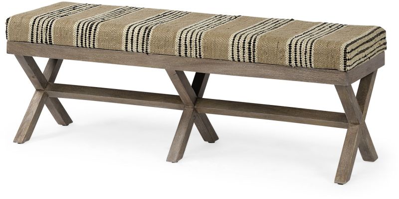 Solis Bench (Brown Base Upholstered Beige & Black Stripe Seat)