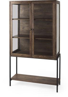 Arelius Display Cabinet (Medium Brown Wood with Black Metal Base)
