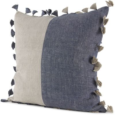 Joelle Decorative Pillow (18x18 - Blue & Beige Color Blocked with Tassels Squre Cover)