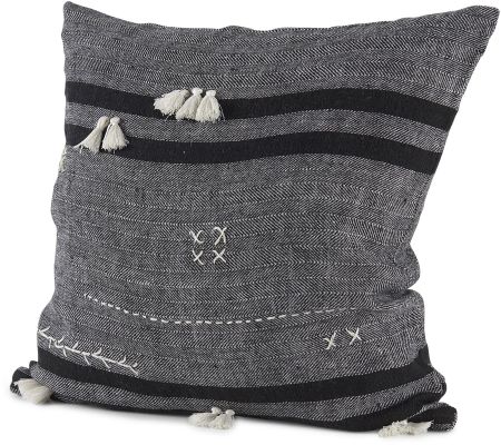 Sibyl Decorative Pillow (18x18 - Black Fabric Striped & White Fringed Cover)