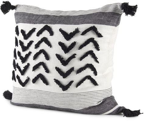 Kimia Decorative Pillow (20x20 - White & Black Fabric Herringbone & Fringed Cover)