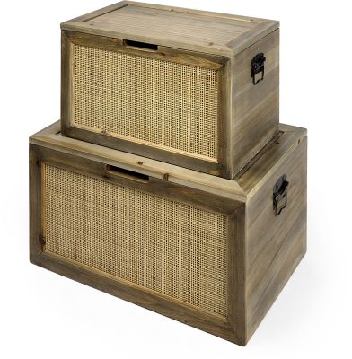 Sonny Boxes (Set of 2 - Brown Wood & Wicker with Metal Detail Rectangular)