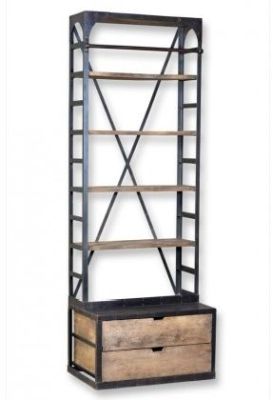Industrial Single Hutch Style Bookcase With Ladder with 2 Drawer