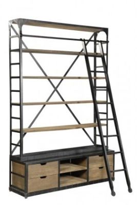 Industrial Double Hutch Style Bookcase With Ladder with 4 Drawer