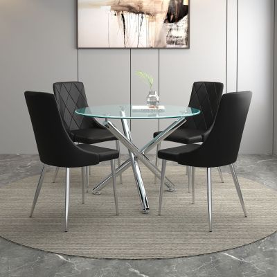 Solara & Devo 5 Piece Dining Set (Chrome Table & Black Chair)