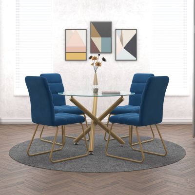 Carmilla & Livia 5 Piece Dining Set (Gold Table & Blue Chair)