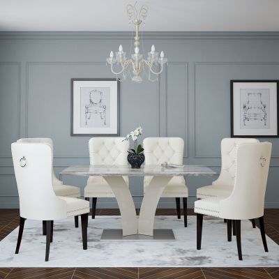 Napoli & Rizzo 7 Piece Dining Set (Grey Table & Ivory Chair)