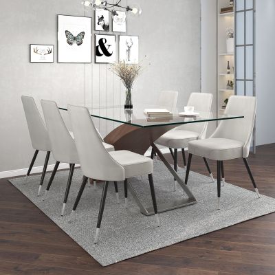 Veneta & Silvano 7 Piece Dining Set (Walnut Table & Light Grey Chair)