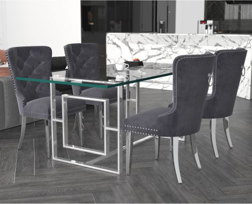 Eros & Hollis 7 Piece Dining Set (Silver Table & Grey Chair)
